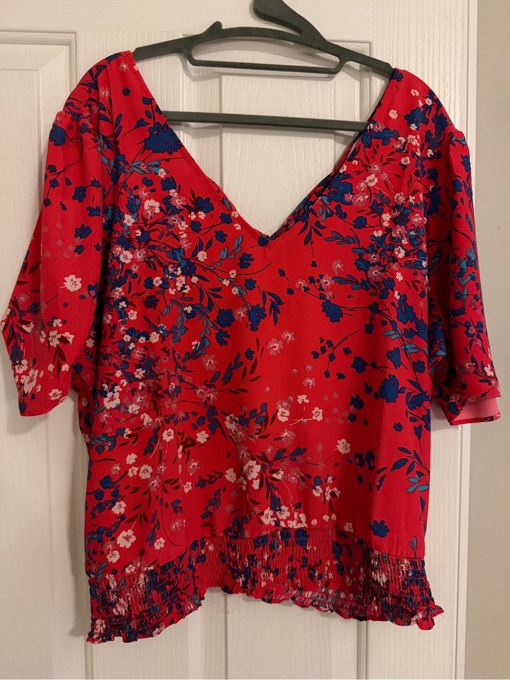 nine britton Pink Floral V-Neck Blouse with Blue Accents